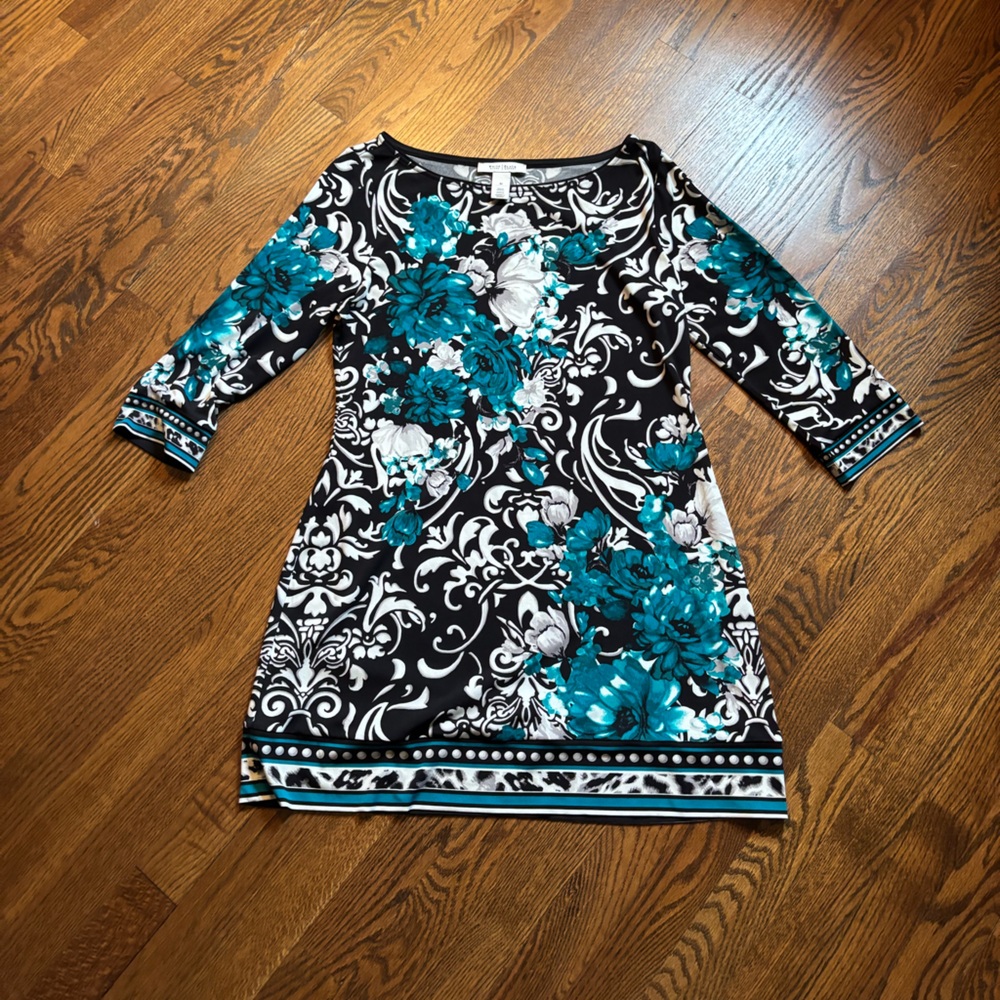 White House Black Market Teal and Black Floral Tunic